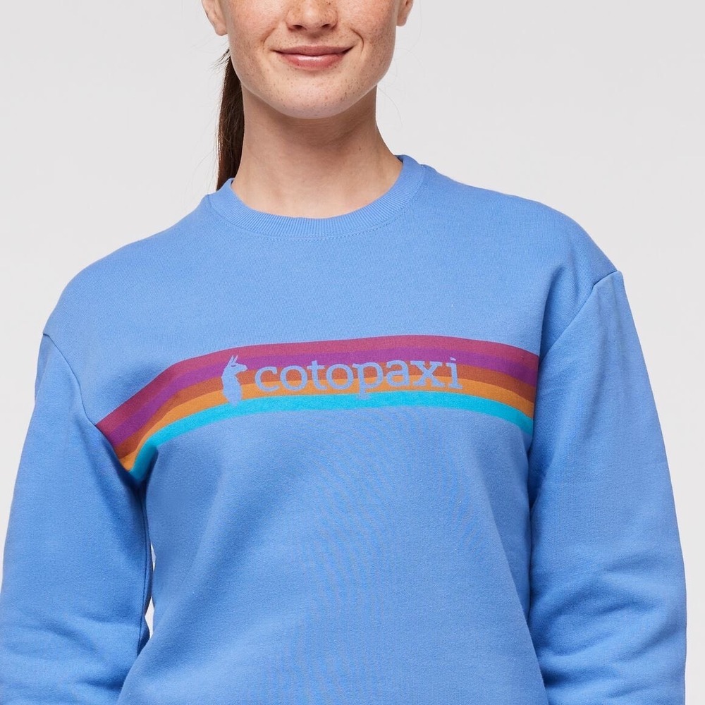 NWT Cotopaxi On The Horizon Organic Crew Sweatshirt Lupine Blue Rainbow Stripe S